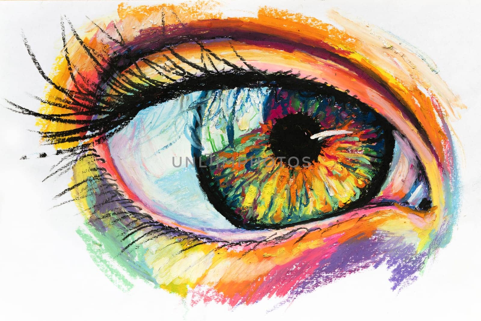 Conceptual abstract picture of the eye. Oil pastel painting in colorful colors. Conceptual abstract closeup of an oil painting on paper.