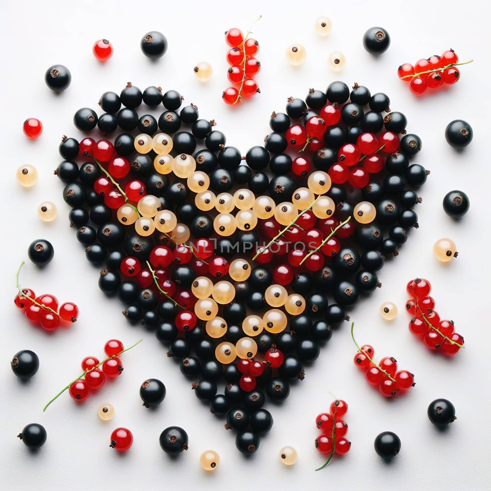 Fruits in the shape of a heart. White background. Insulation. Generative AI. High quality illustration