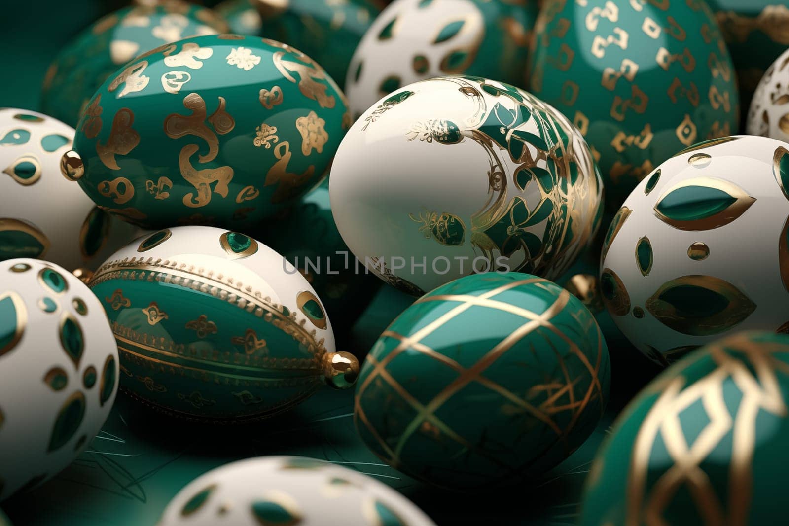 Colourful and funny Easter eggs decoration, emerald green, gold and white by Nadtochiy