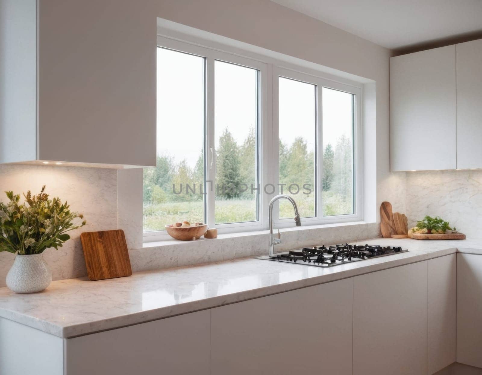 Modern kitchen interior in a minimalist eco-style. AI generation