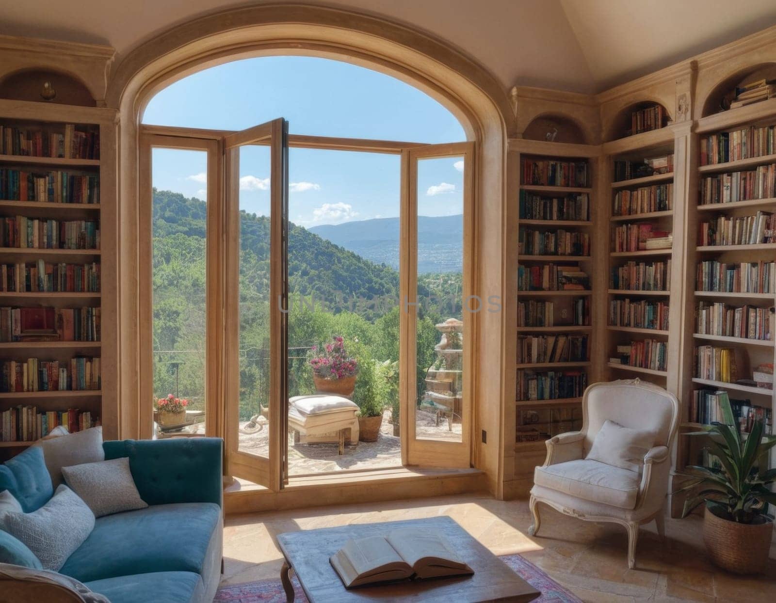 Library interior in Provence style. AI image generation.