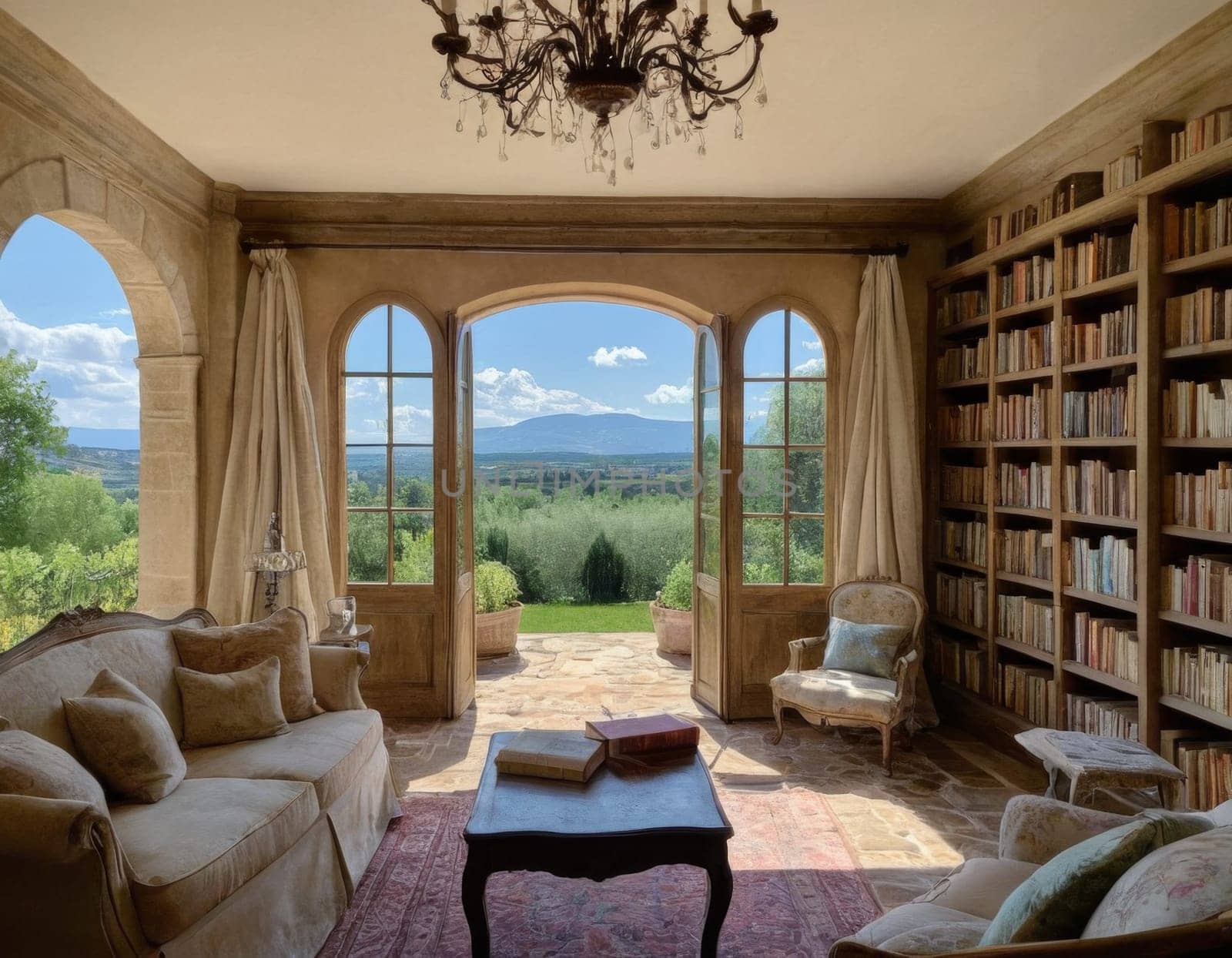 Library interior in Provence style. AI image generation.