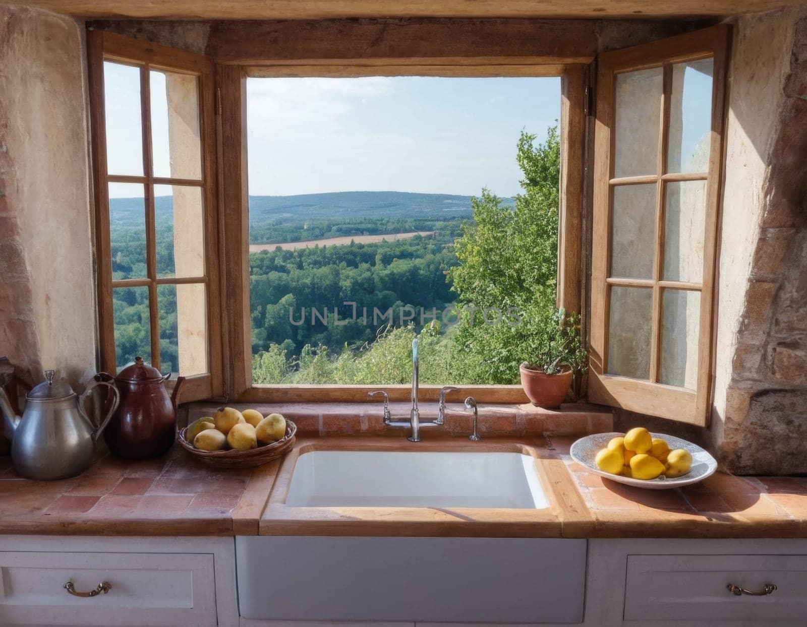 European kitchen interior overlooking the street. AI generation