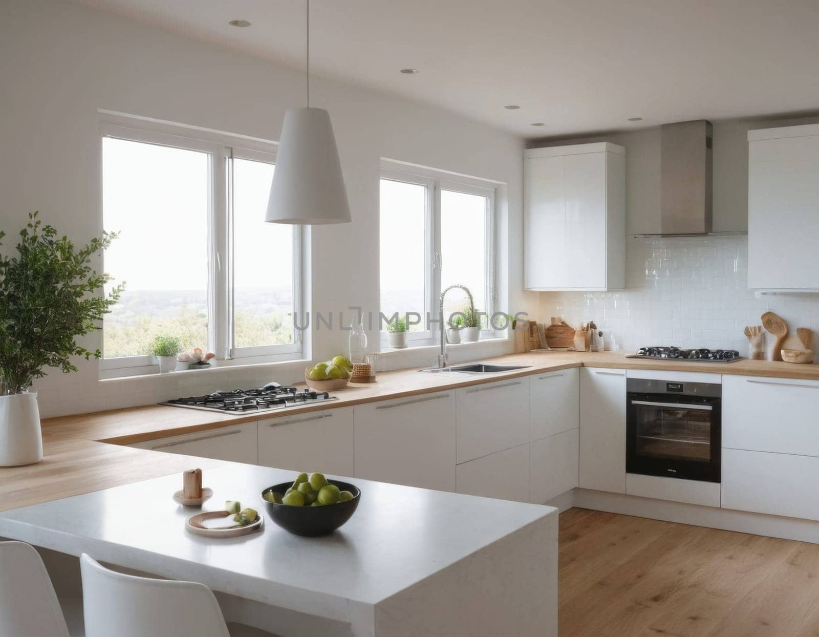 Modern kitchen interior in a minimalist eco-style. AI generation