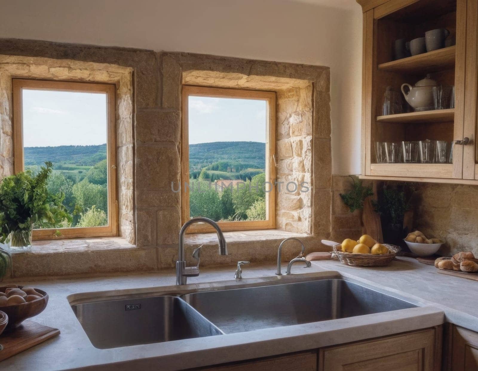 European kitchen interior overlooking the street. AI generation