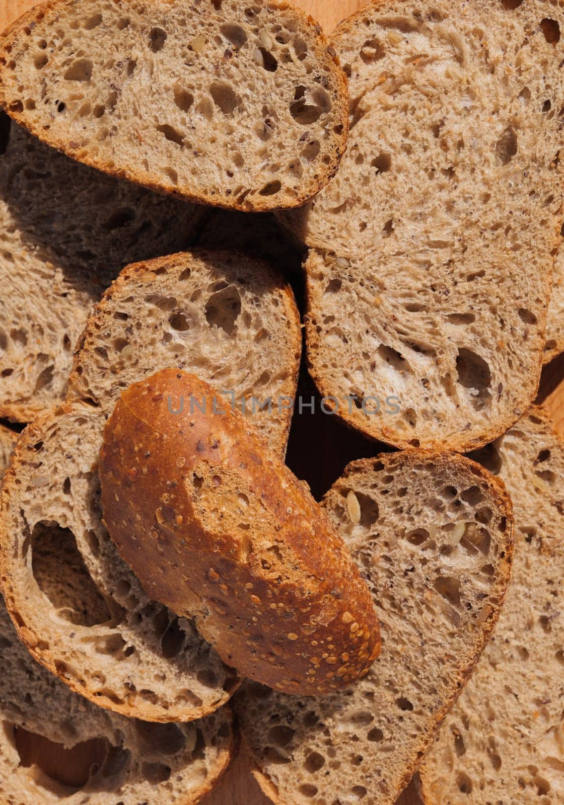 Close-up of several whole grain bread slices with a focus on the texture
