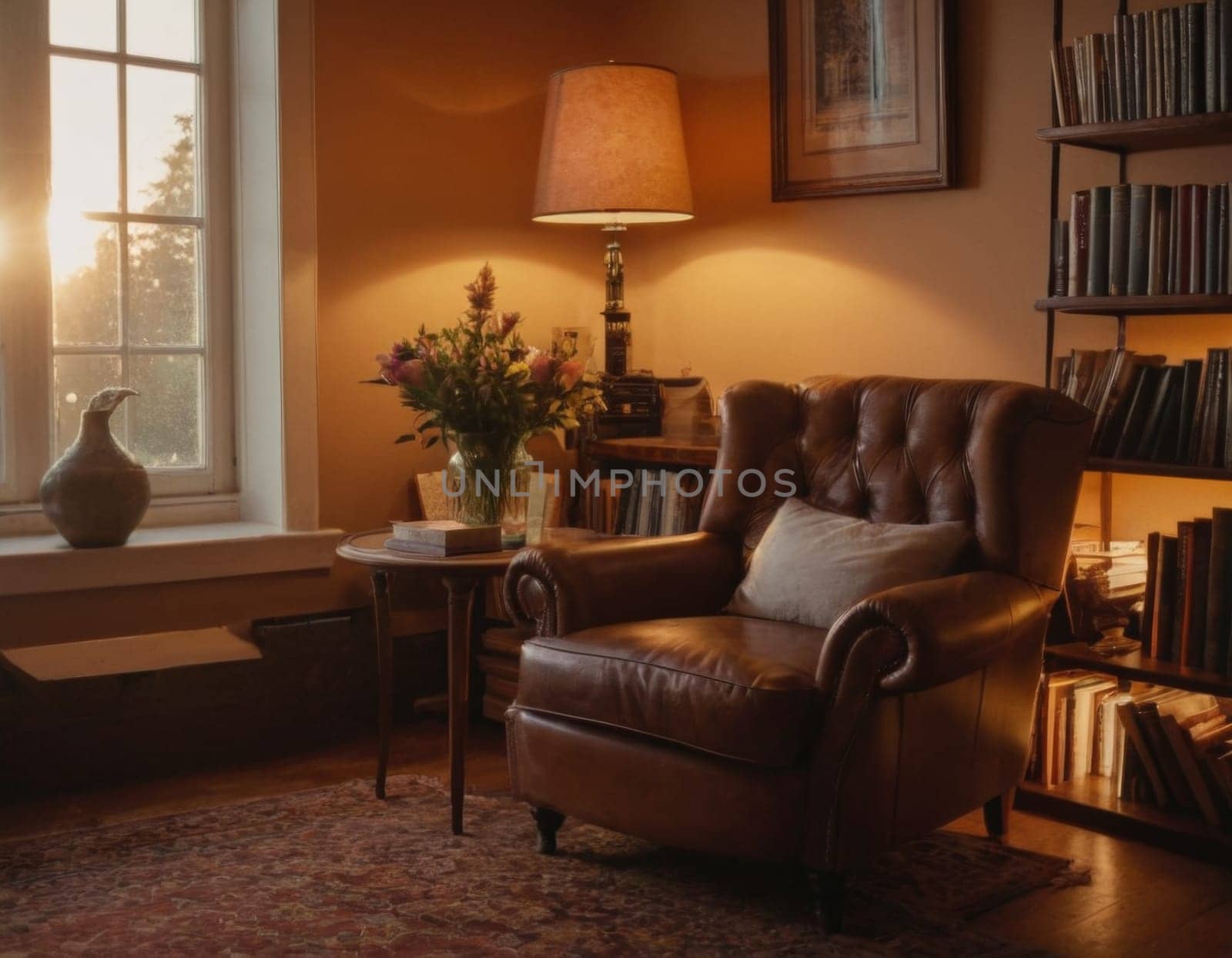 Image of a cozy home library. Nice reading corner. AI generation