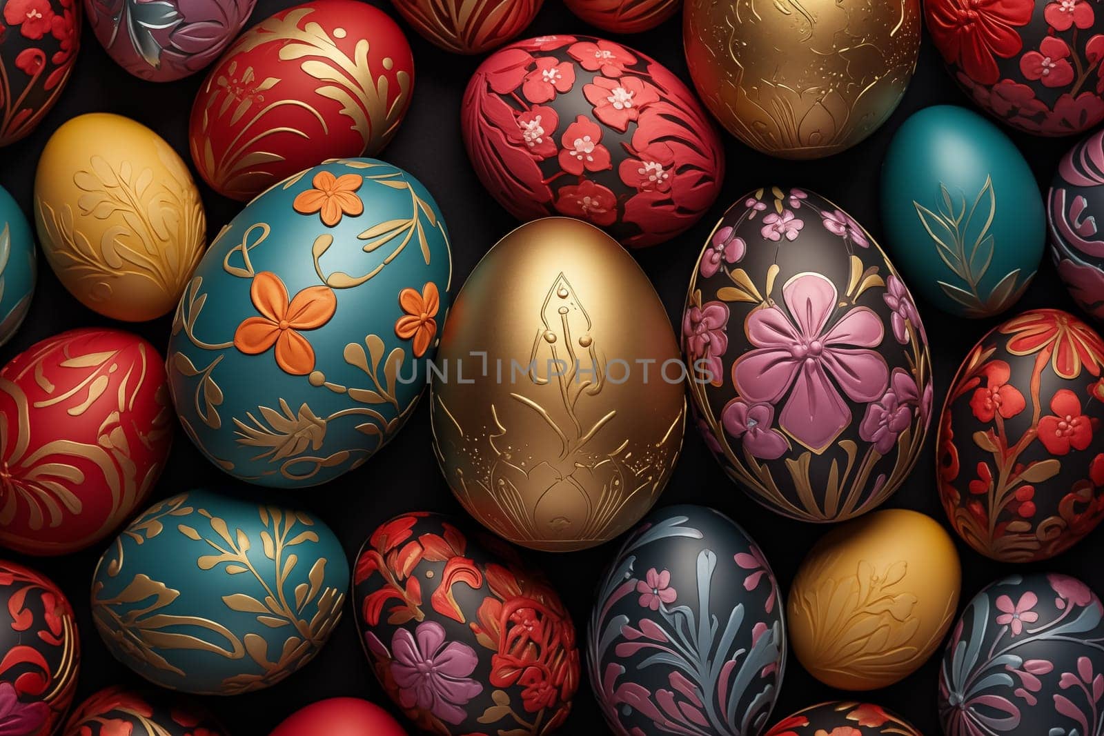 Collection of Precisely arranged Eggs with Floral Patterns. Multicolored Easter Background by Nadtochiy