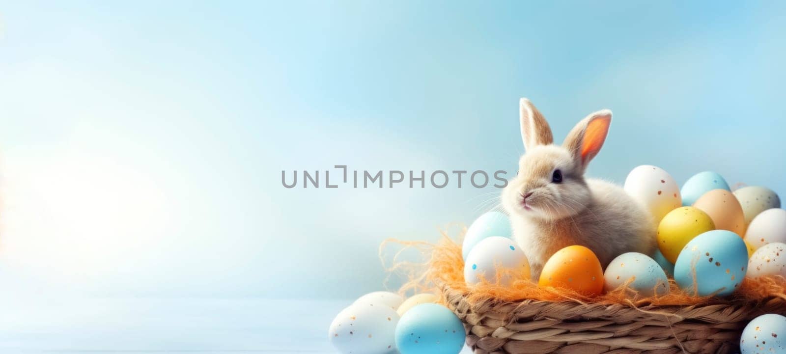 Adorable bunny with a basket of pastel-colored Easter eggs on a soft blue background.