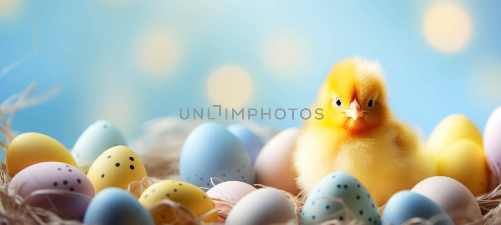 A fluffy yellow chick sits amidst colorful speckled Easter eggs, symbolizing spring and festivity.