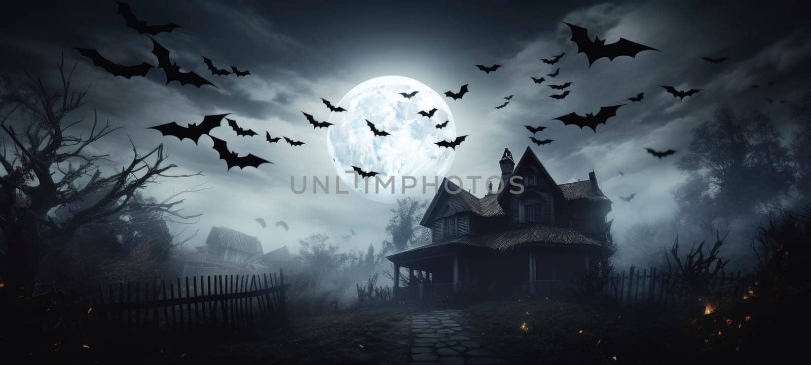 A creepy haunted house set against a cloudy night sky with bats flying around a glowing full moon, perfect for Halloween themes.