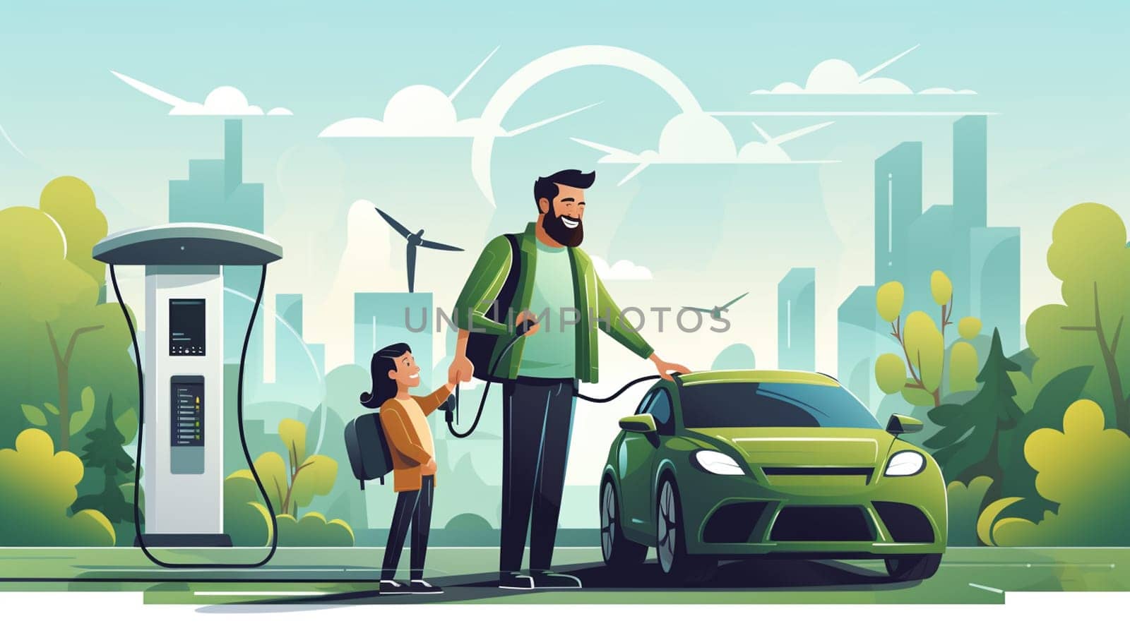 Futuristic Electric Vehicle, Electric Car Charging Station, Environmentally Friendly Transportation, Save the Earth Concept, Flat Style Illustration. by Andelov13