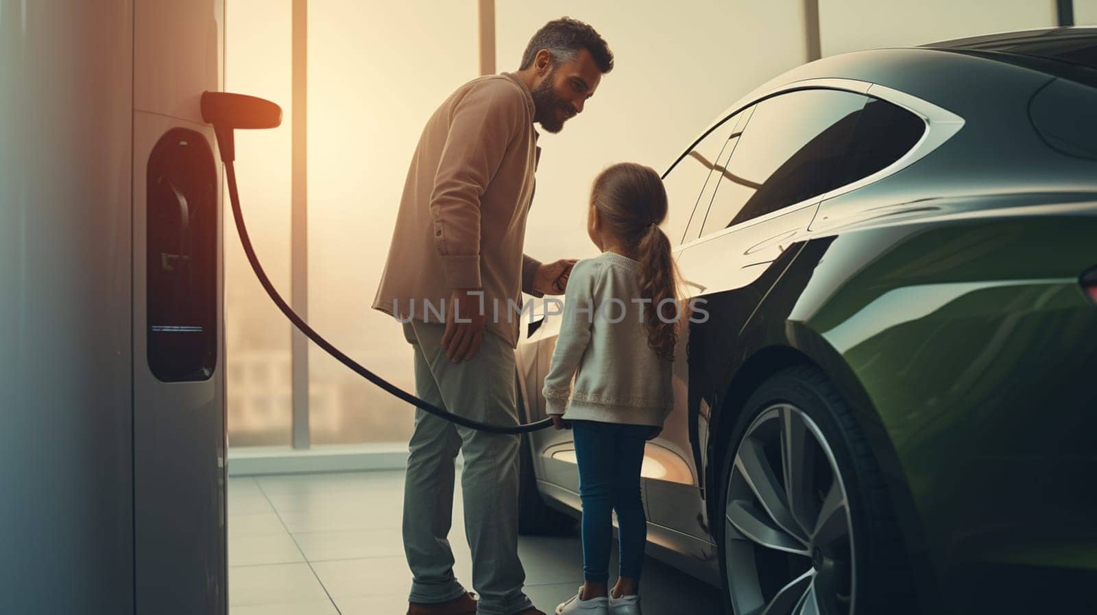 Handsome man is standing near his electric car outdoors. High quality photo