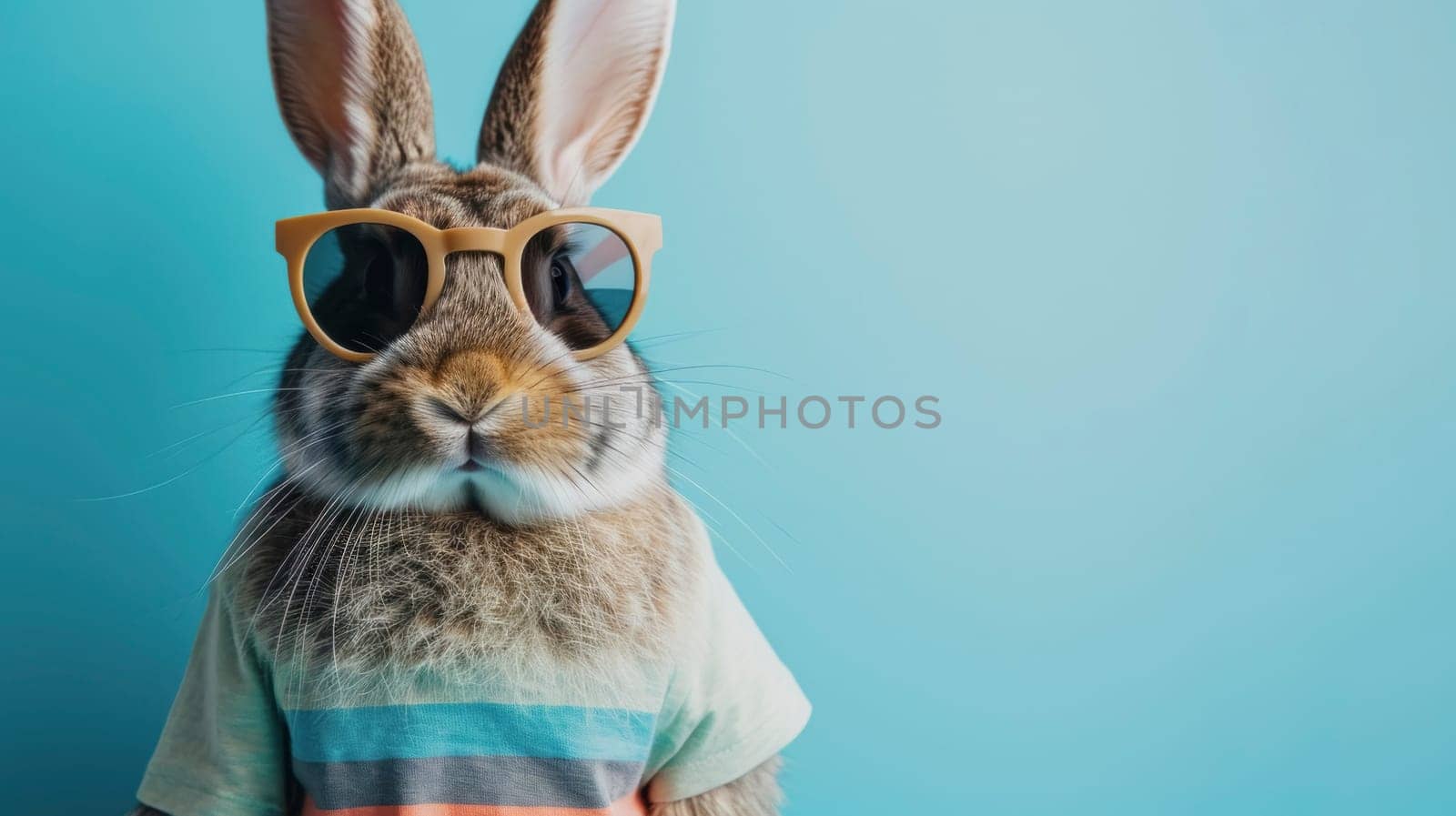 A charming rabbit sporting trendy sunglasses and a colorful striped tee against a blue background.