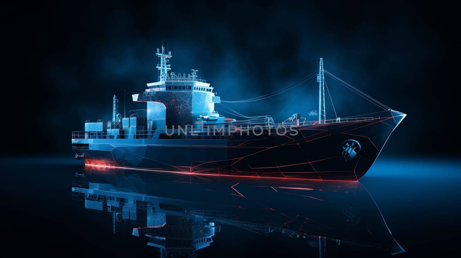 Heavy dry cargo ship of bulk carrier with freight containers. Wireframe low poly mesh illustration. High quality photo