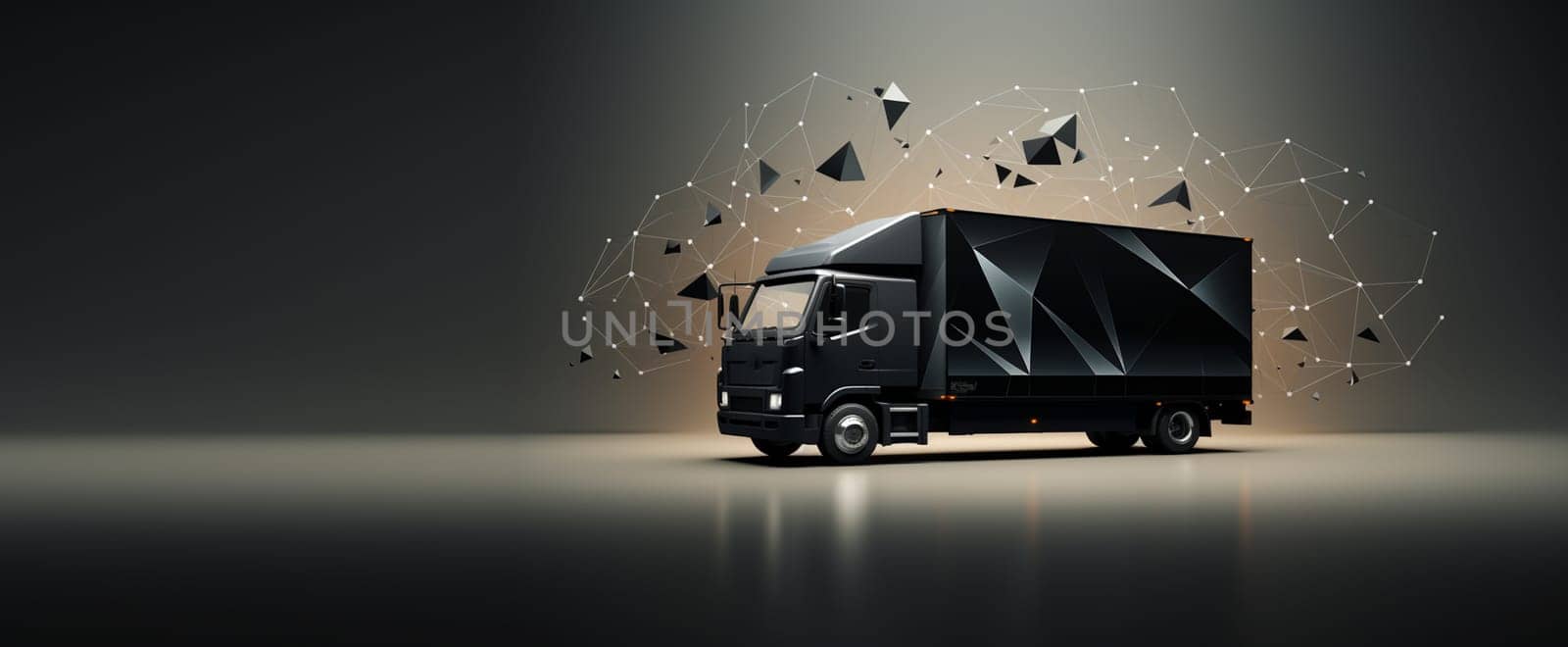 Rear view of black self-driving electric semi truck . 3D rendering image. High quality photo