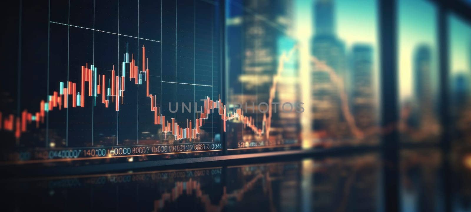 Stock market investment graph with candlestick chart overlay on a blurred urban cityscape background.