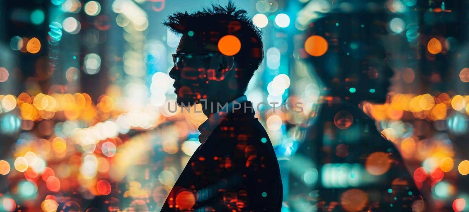 Double exposure of a businessman and vibrant city lights