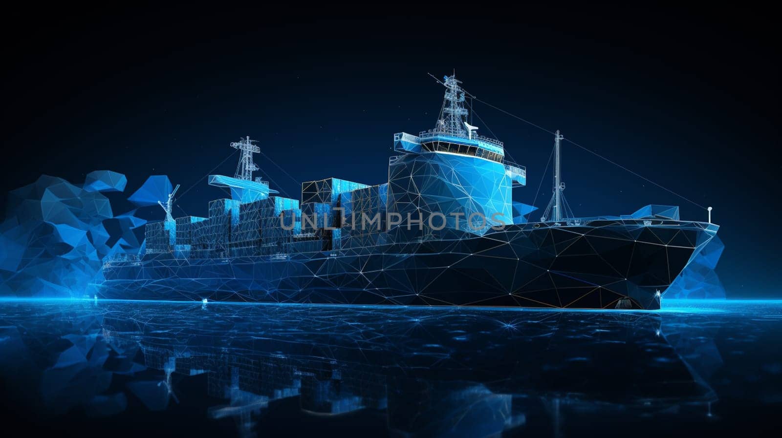 Heavy dry cargo ship of bulk carrier with freight containers. Wireframe low poly mesh illustration. High quality photo