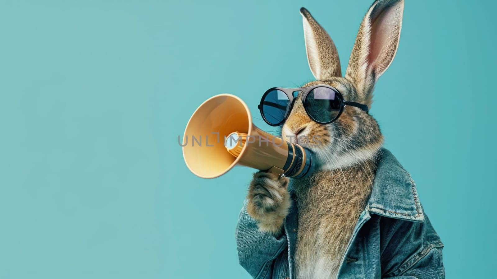 A trendy rabbit making a statement with a megaphone, dressed in a denim jacket and sunglasses.