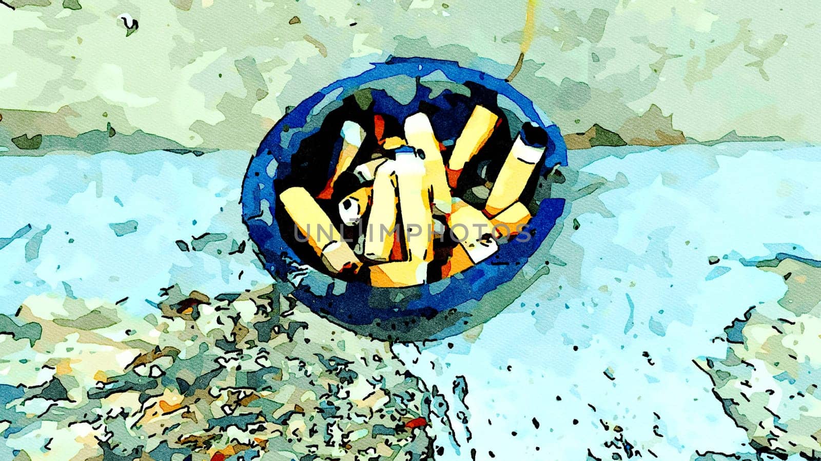 An ashtray full of spent butts on the ground along a wall on the street.