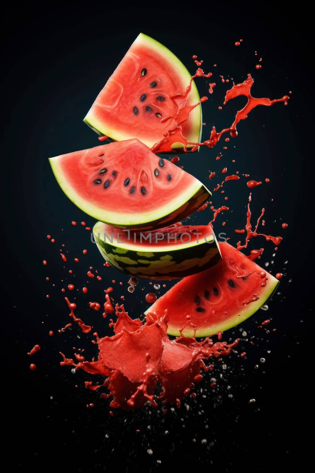 Watermelon slices exploding with a vibrant splash of juice against a dark background, capturing a moment of freshness.