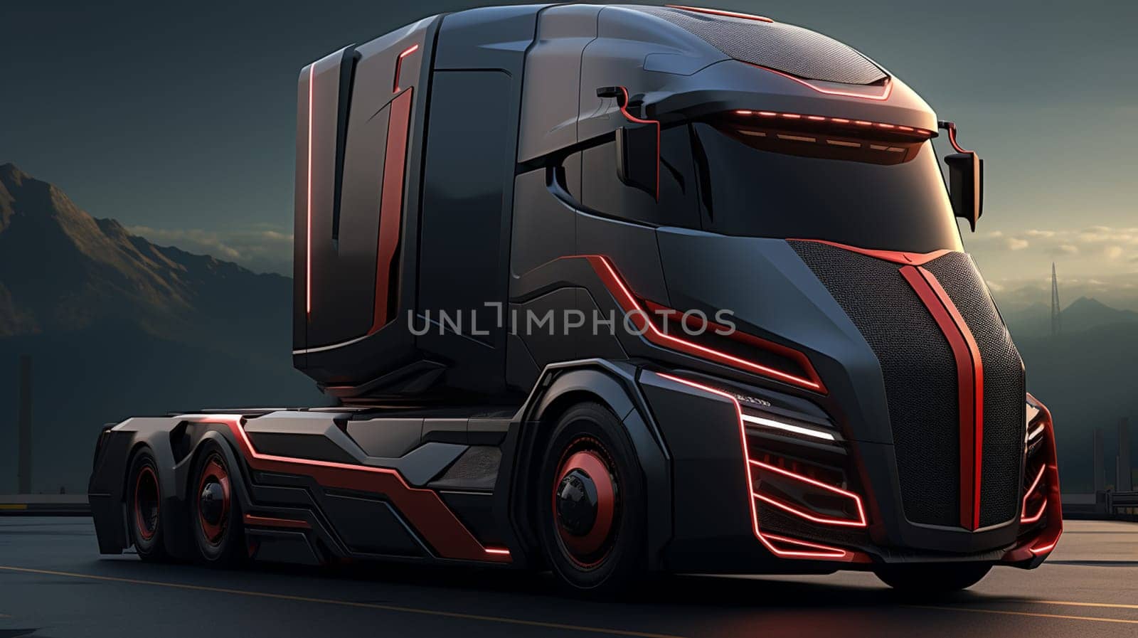 3D rendering of a brand-less generic concept truck. Electric autonomous truck . High quality photo