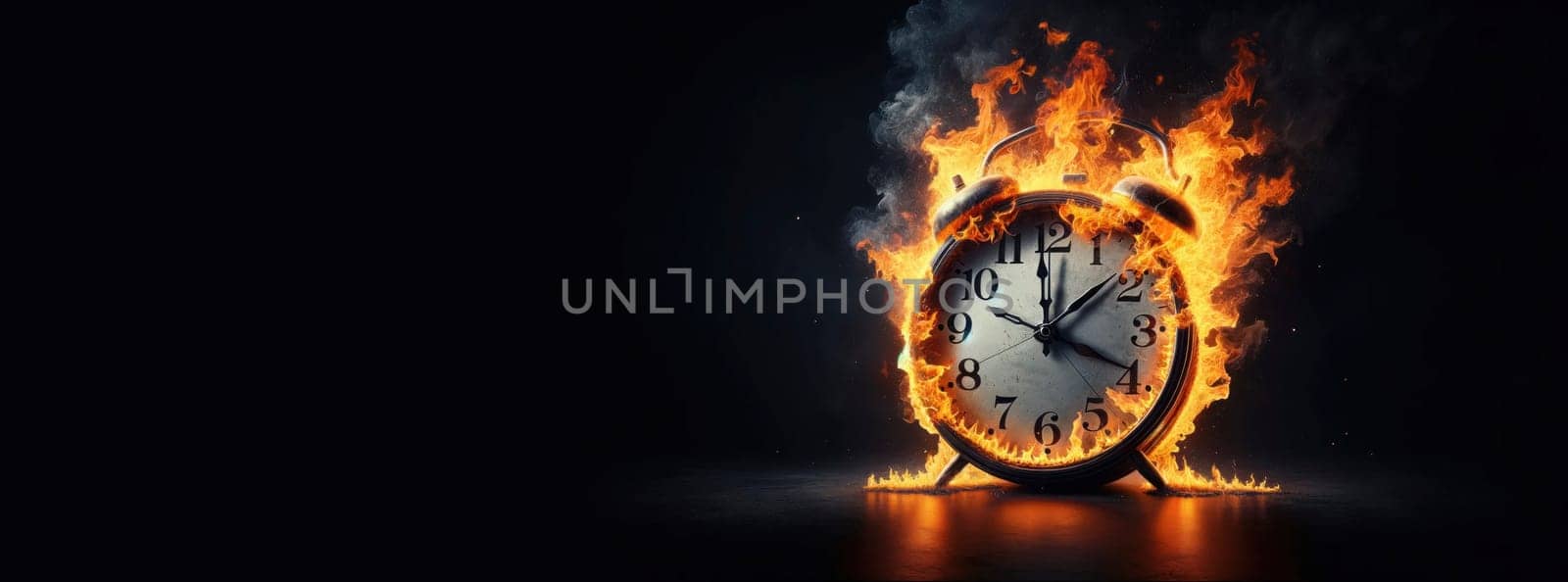 Clock face engulfed in flames, depicting the transient essence of time