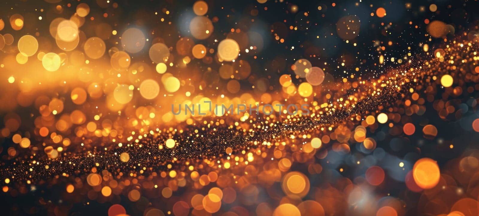Abstract image featuring a gentle curve of golden bokeh lights, symbolizing festivity, celebrations, or magical moments.