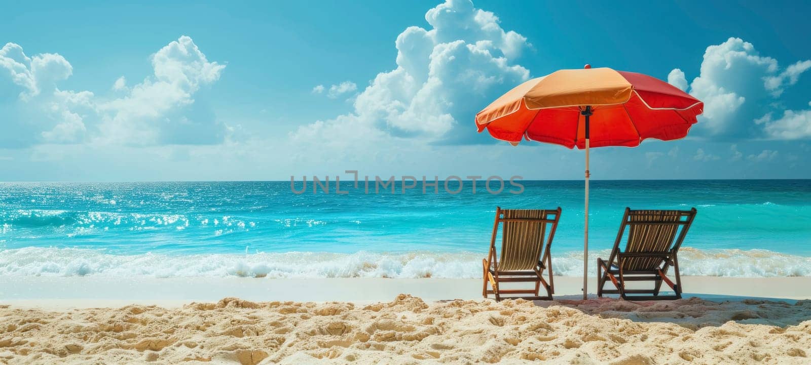 Two wooden chairs and a bright red umbrella on a tranquil sandy beach against a clear blue sky and turquoise sea.