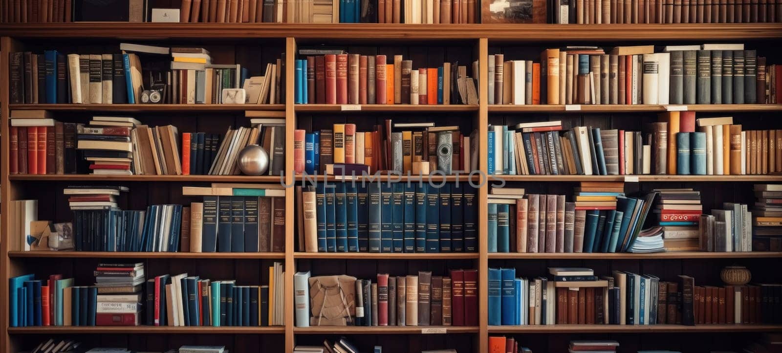 An extensive collection of various books organized neatly on wooden shelves in a private library.