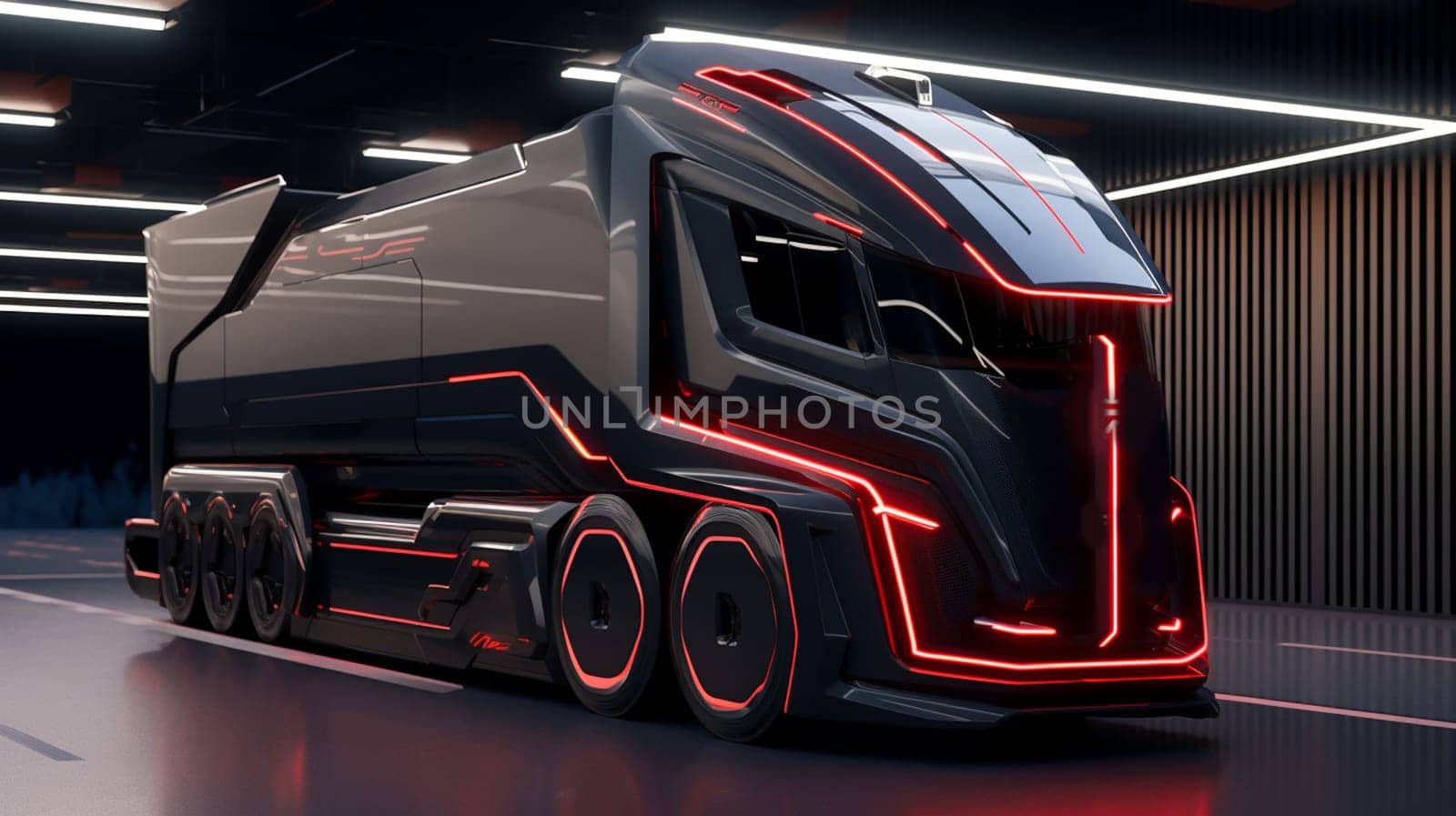 Rear view of black self-driving electric semi truck . 3D rendering image. by Andelov13