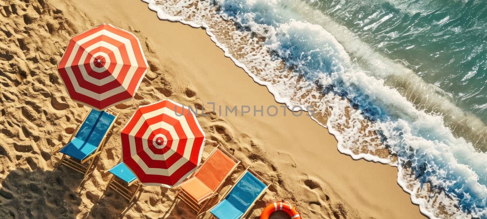 Aerial view of striped umbrellas, beach chairs, and waves on sandy shore