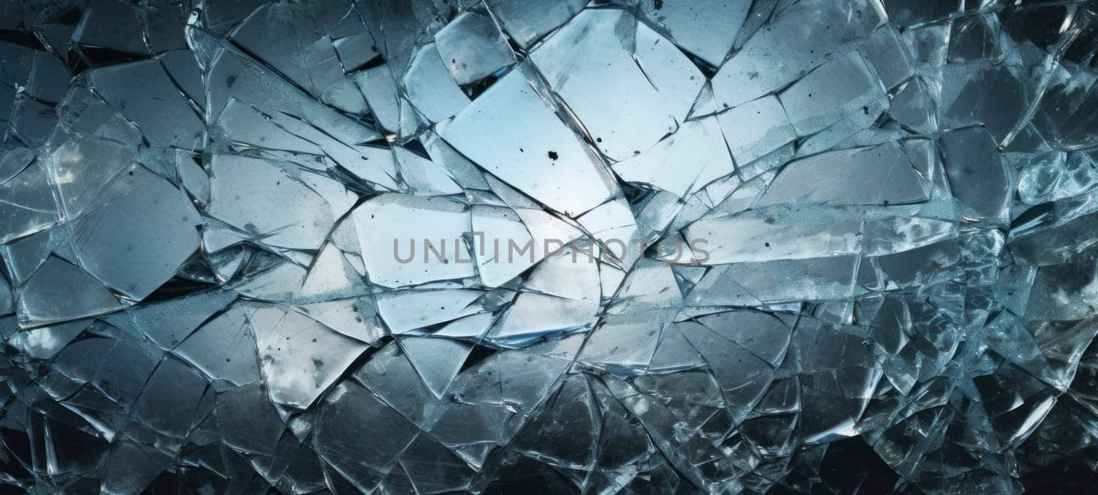 A close-up of a shattered glass pane, showcasing an intricate pattern of cracks and textures on a blue-toned background.