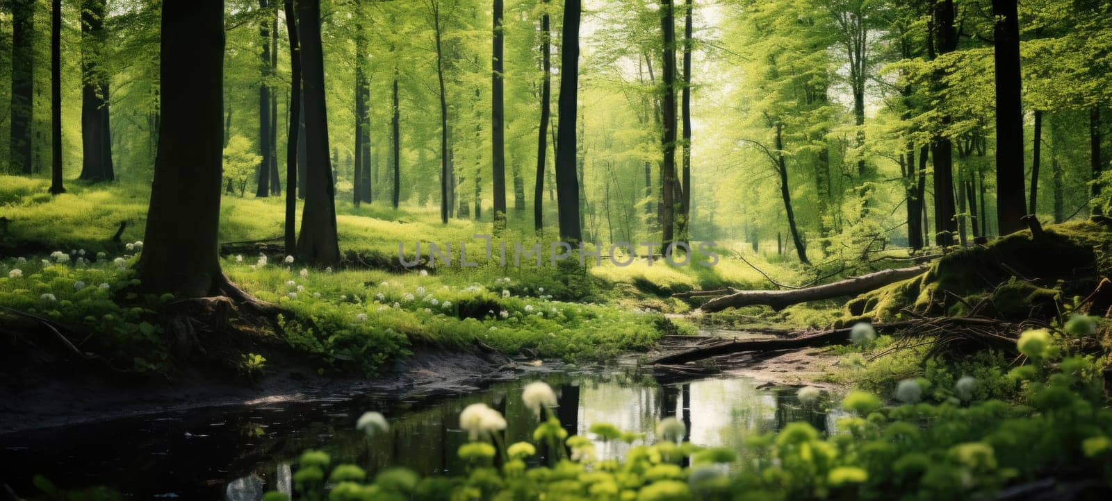 A serene forest scene with sunlight filtering through lush greenery beside a gentle stream, invoking tranquility.