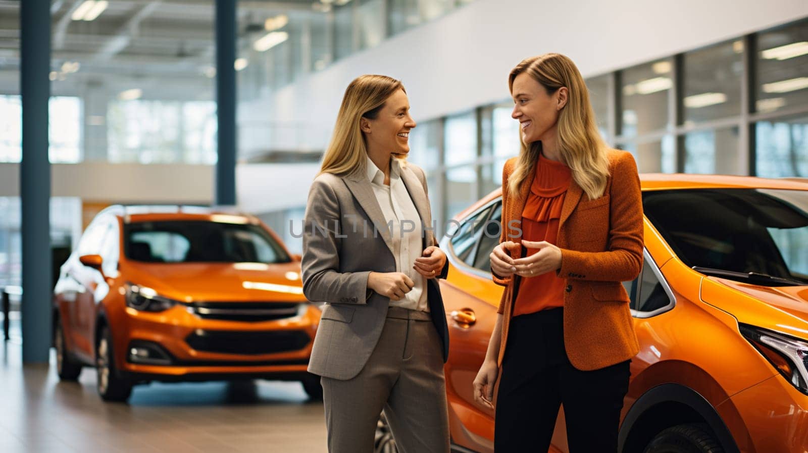 Young lovely couple talking, hugging at car dealership shopping for a new car together. High quality photo