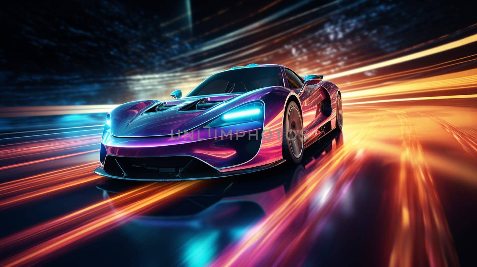 Futuristic Sports Car On Neon Highway. Powerful acceleration of a supercar on a night track with colorful lights and trails. 3d illustration by Andelov13
