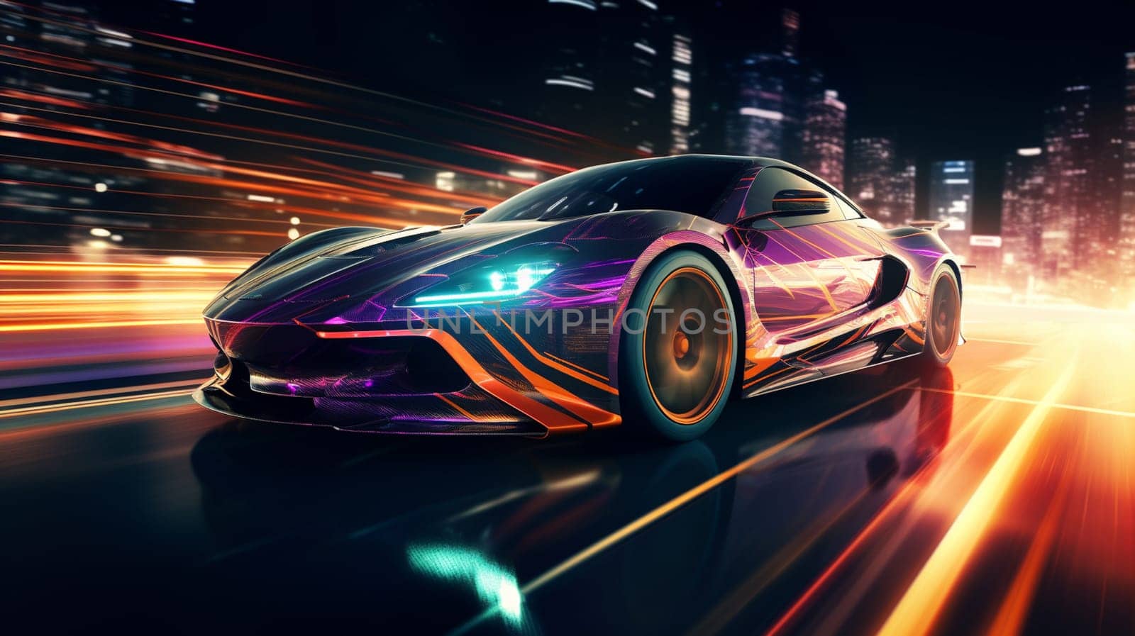 Futuristic Sports Car On Neon Highway. Powerful acceleration of a supercar on a night track with colorful lights and trails. 3d illustration by Andelov13