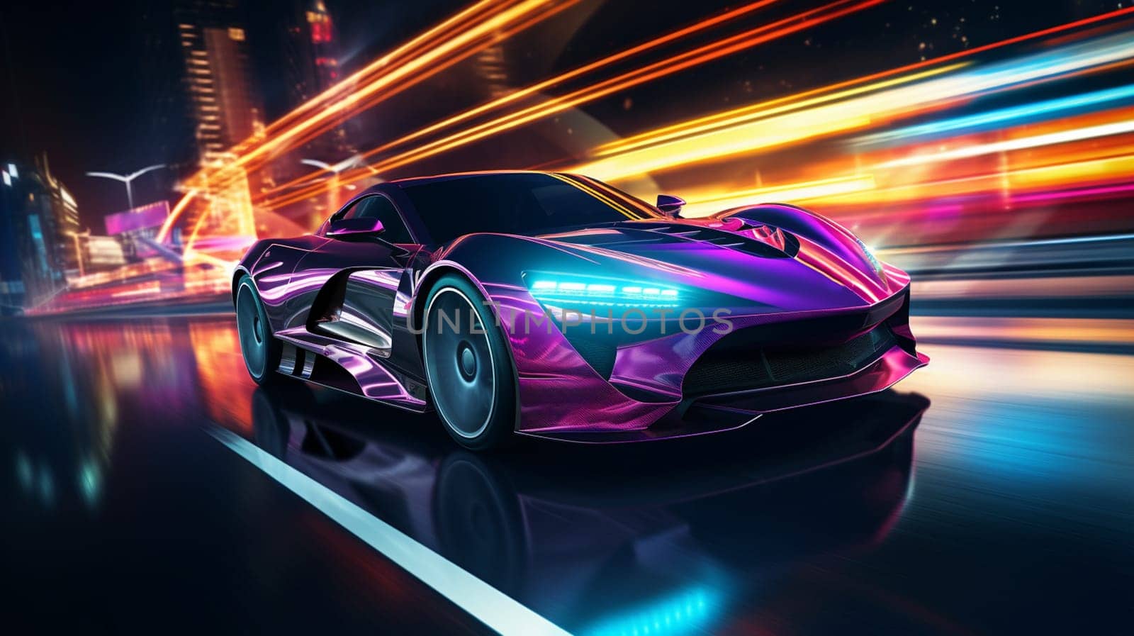 Futuristic Sports Car On Neon Highway. Powerful acceleration of a supercar on a night track with colorful lights and trails. 3d illustration.