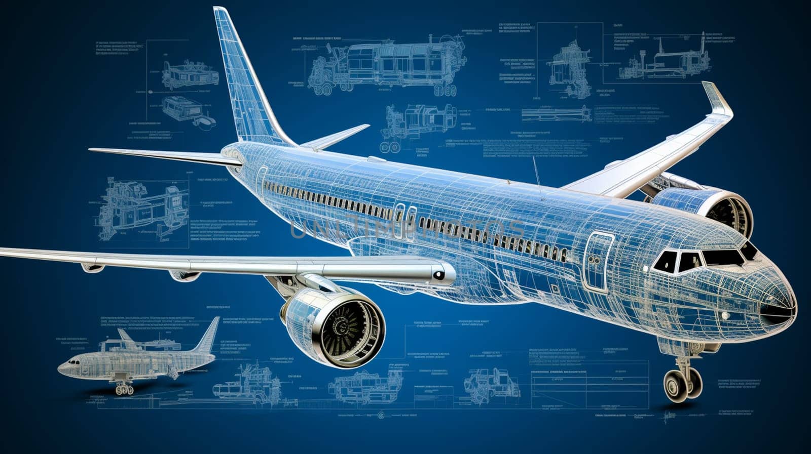 Airliner consists of luminous lines. Travel, tourism, transport and technology concept. Abstract 3d illustration of airplane.