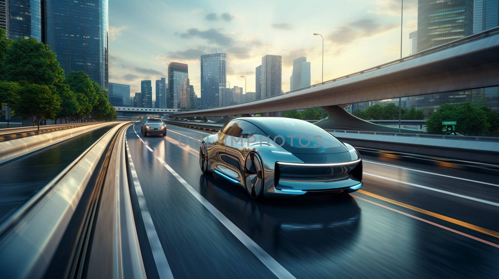 Autonomous Self-Driving 3D Car Moving Through City Highway. Visualization Concept: AI Sensor Scanning Road Ahead for Vehicles, Danger, Speed Limits. Day Urban Driveway. Front Following View by Andelov13