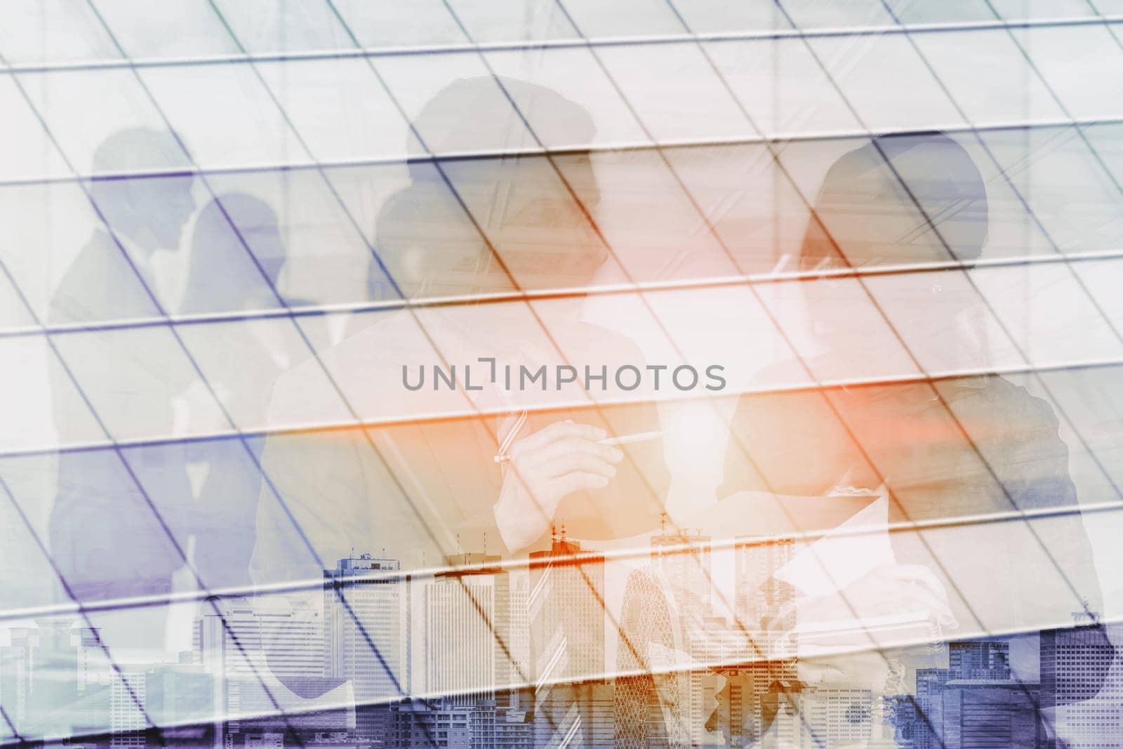 Double exposure image of faded business abstract background with office building and people conference group meeting showing partnership success of business deal. uds