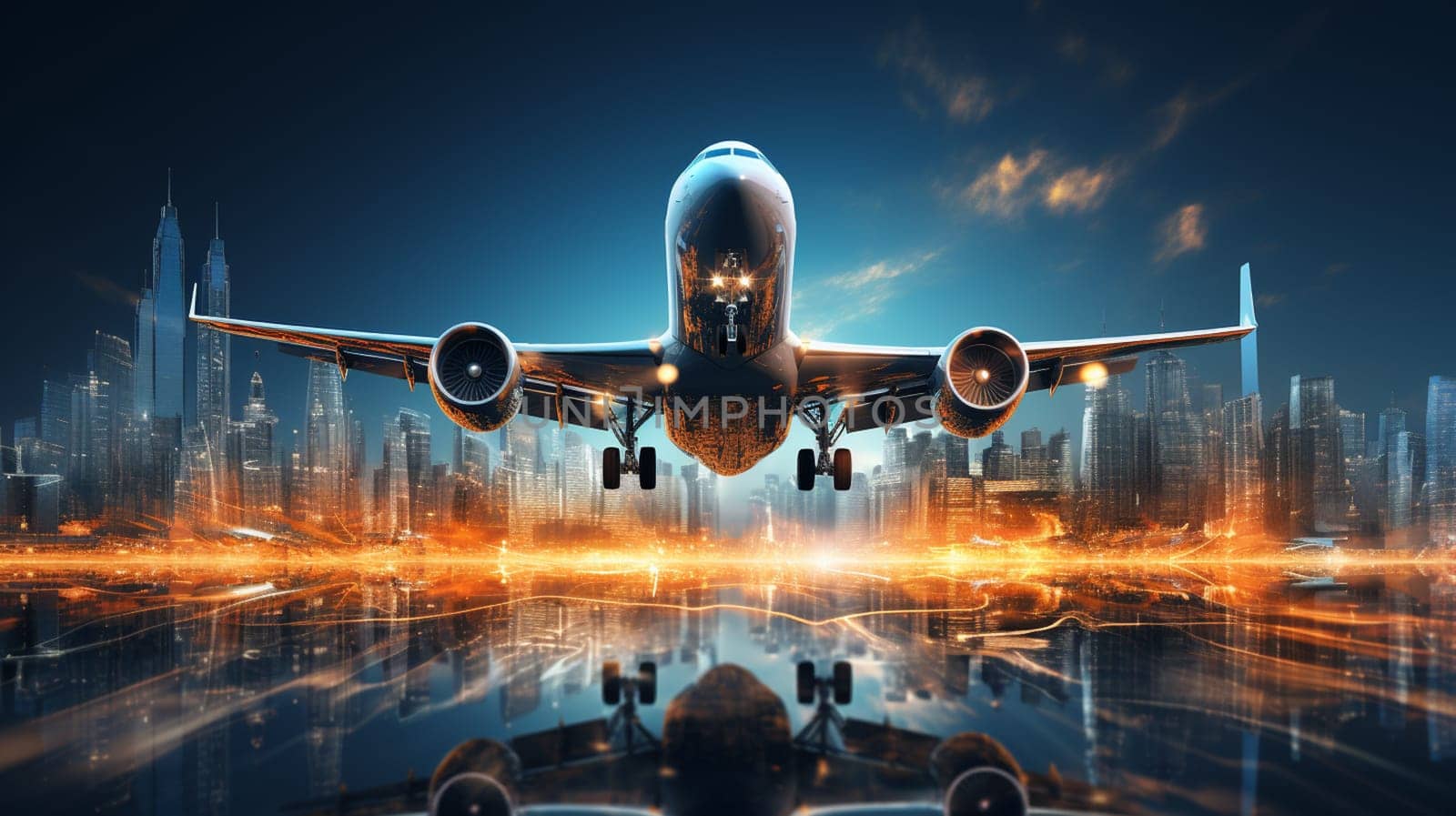 Airplane for transportation flying over the night scene city on beautiful sunset background. High quality photo