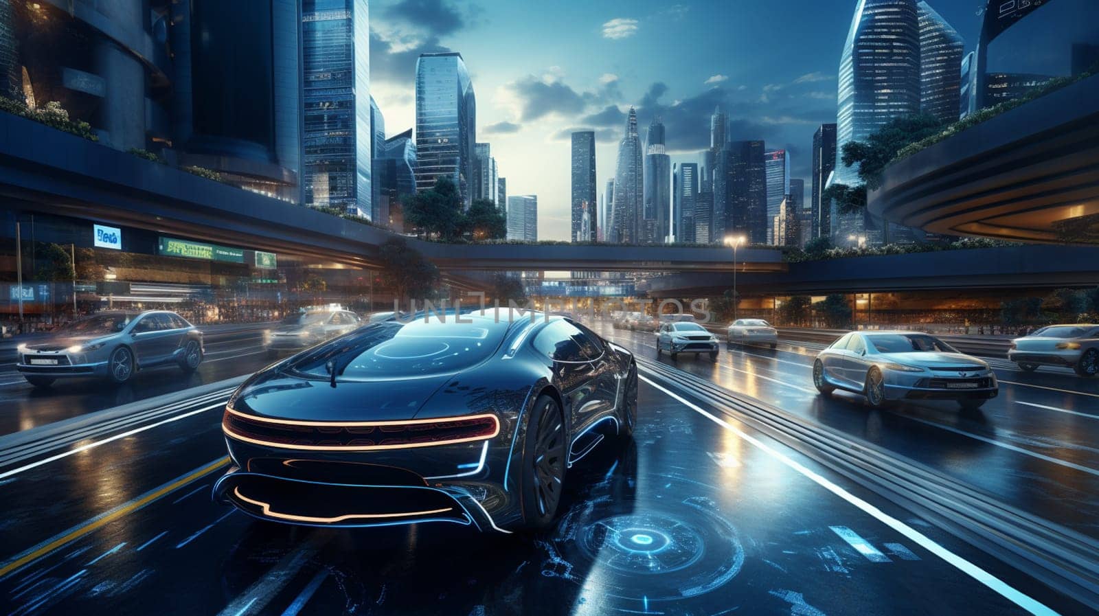 Autonomous Self-Driving 3D Car Moving Through City Highway. Visualization Concept: AI Sensor Scanning Road Ahead for Vehicles, Danger, Speed Limits. Day Urban Driveway. Front Following View by Andelov13