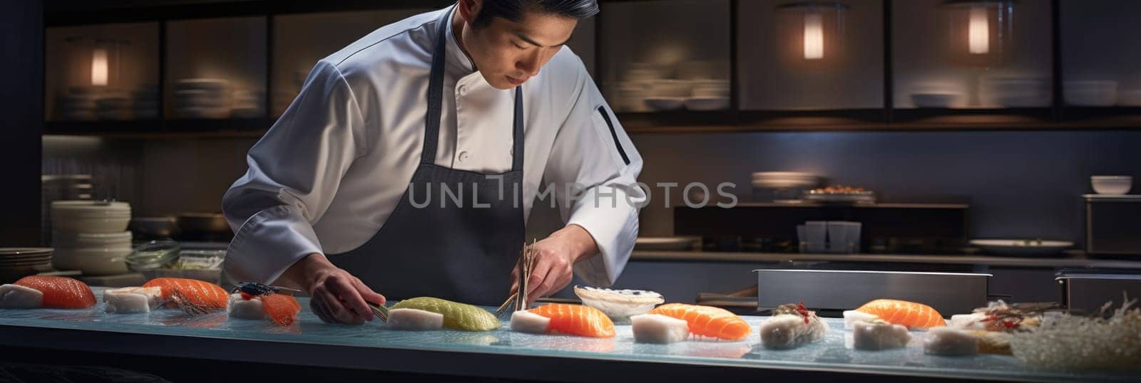 A man in a restaurant kitchen expertly prepares sushi with precision and skill.
