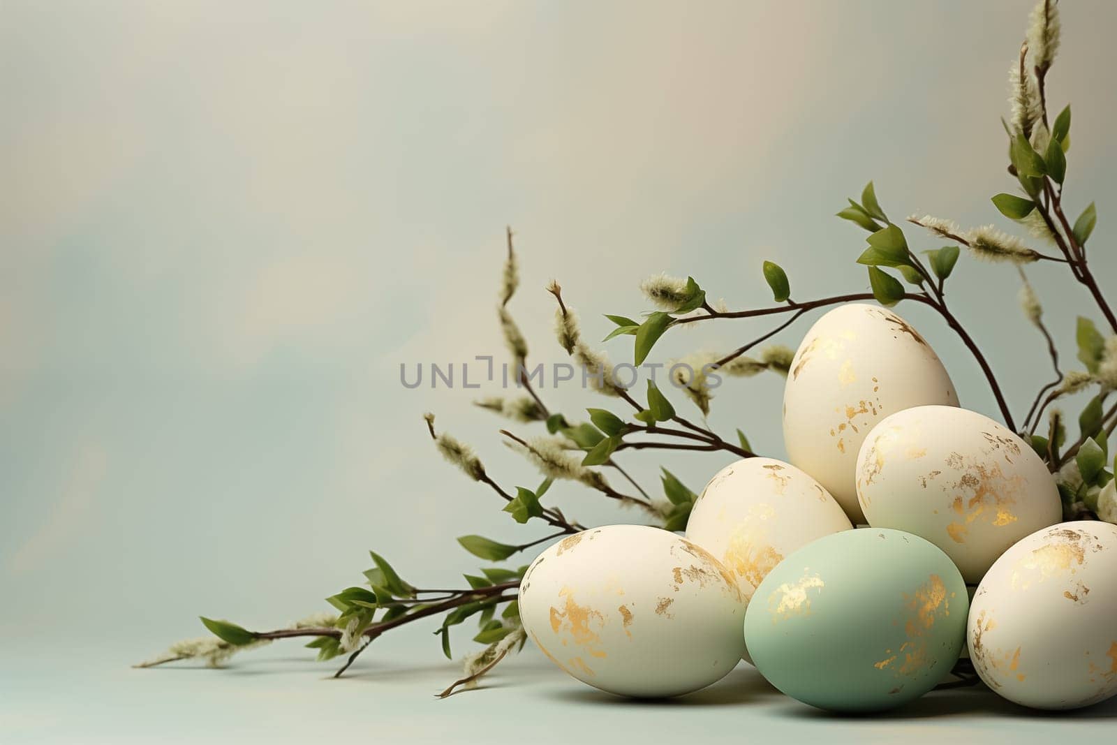 Composition with Easter eggs and green branches on beige background by Nadtochiy
