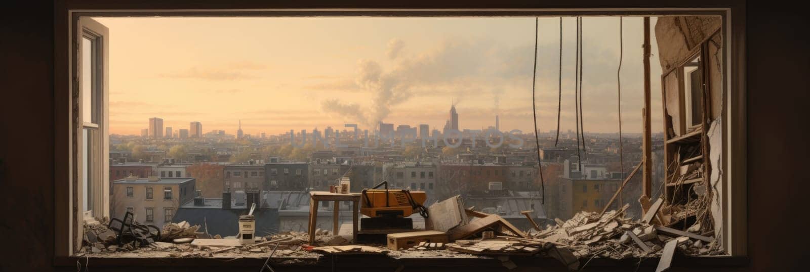 A window provides a view of a cityscape amidst a backdrop of recently demolished houses.