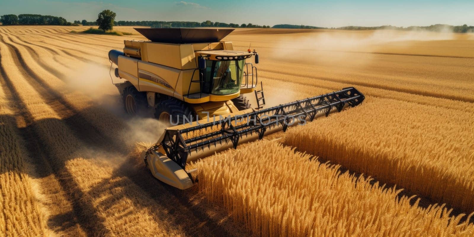A combine is seen harvesting wheat in a field, collecting the ripe grain efficiently.