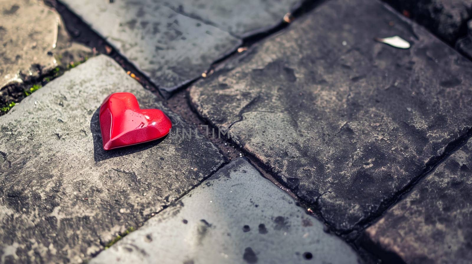 A red heart-shaped object is seen lying on top of a solid stone floor - love, Valentine's day background - Generative AI