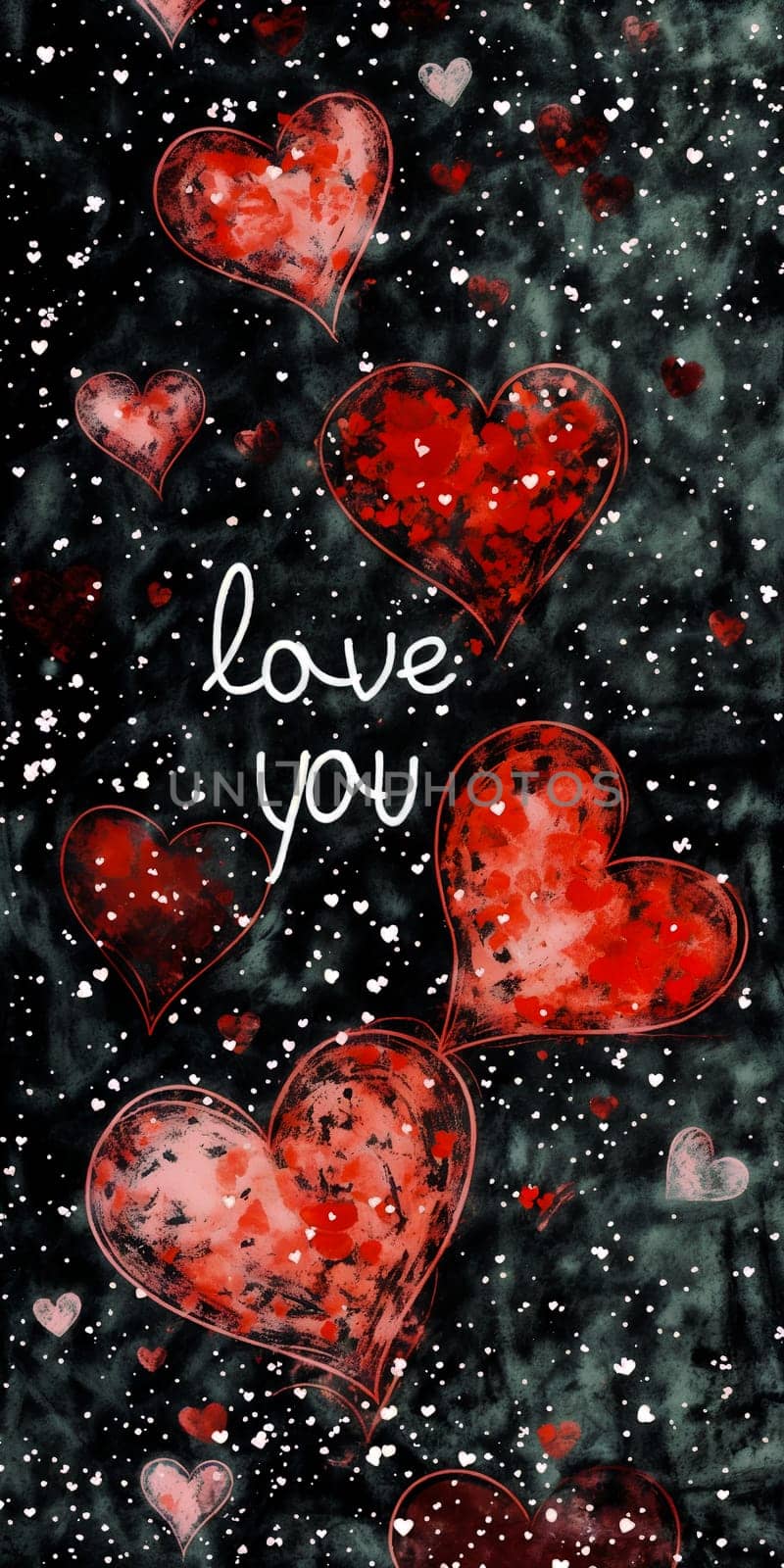 This image captures various shades of red hearts with a handwritten love you message, set against a contrasting dark, starry backdrop, evoking emotions of love and affection - Generative AI